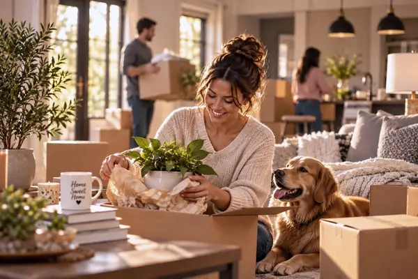 Family unpacking in their new San Antonio home after buying with The Cherry Group TX
