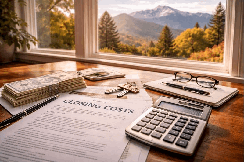 Closing costs and seller credits paperwork with calculator and house keys, Colorado Springs mountain view