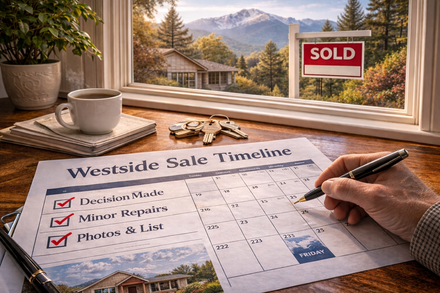 Westside sale timeline checklist on desk with SOLD sign and Pikes Peak view (Colorado Springs)