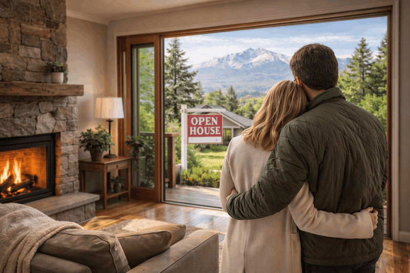 Couple in a cozy living room looking toward Pikes Peak and green foothills with an open house sign outside (Colorado Springs)