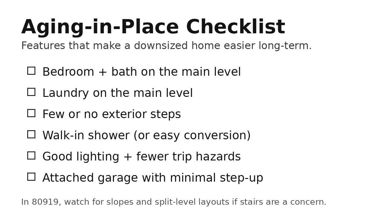 Aging in place checklist for downsizers in 80919 Colorado Springs