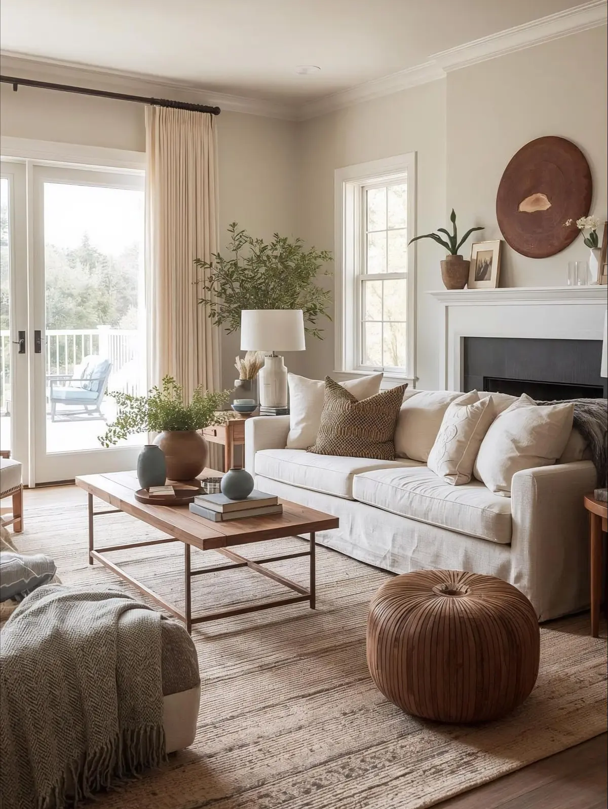 Warm, inviting living room with natural light and approachable elegance. Designed in a balanced mix of light and contrast — cream walls, oak or walnut furniture, and accents of muted blue, olive, or rust for depth. Features a linen or slipcovered sof