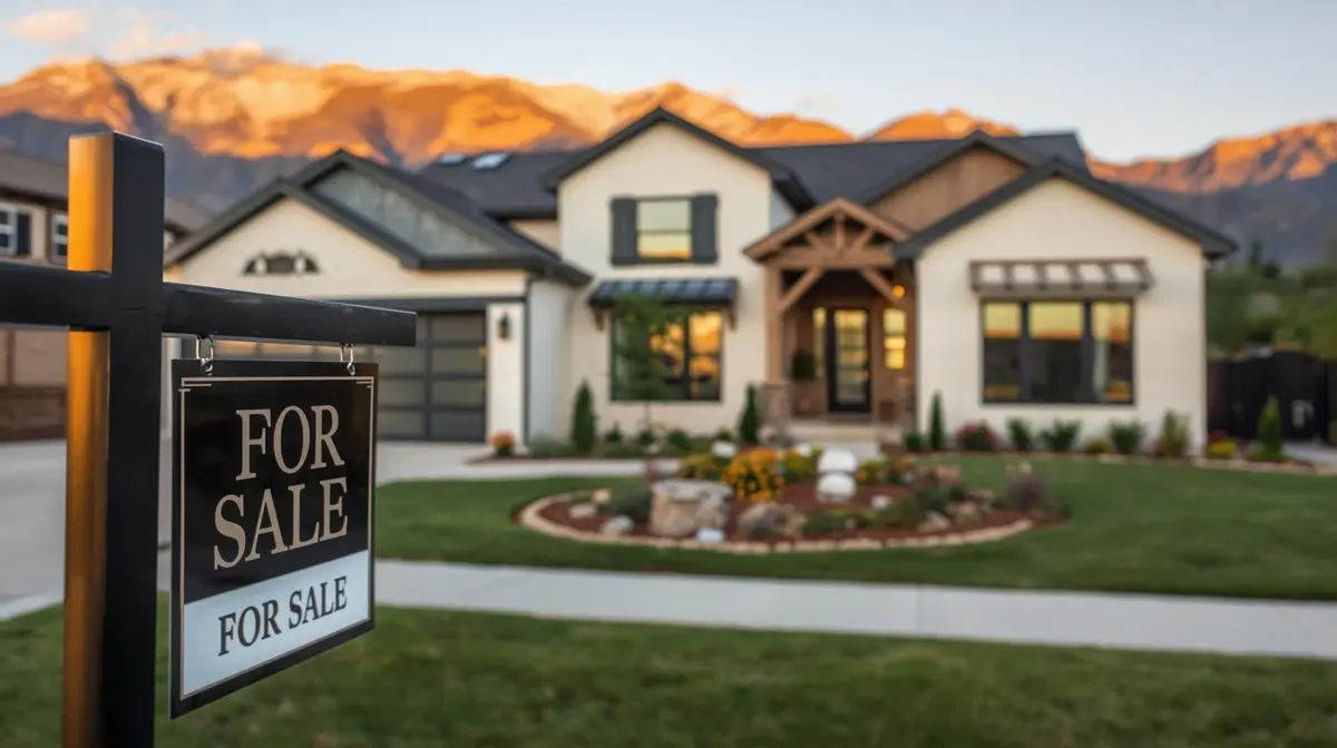 Elegant “For Sale” sign in the foreground of a beautiful, affordable-luxury Utah home at golden hour. The home feels high-end yet attainable — white painted brick or soft neutral siding, black steel windows, warm wood accents, and manicured …