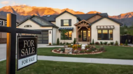 Elegant “For Sale” sign in the foreground of a beautiful, affordable-luxury Utah home at golden hour. The home feels high-end yet attainable — white painted brick or soft neutral siding, black steel windows, warm wood accents, and manicured …