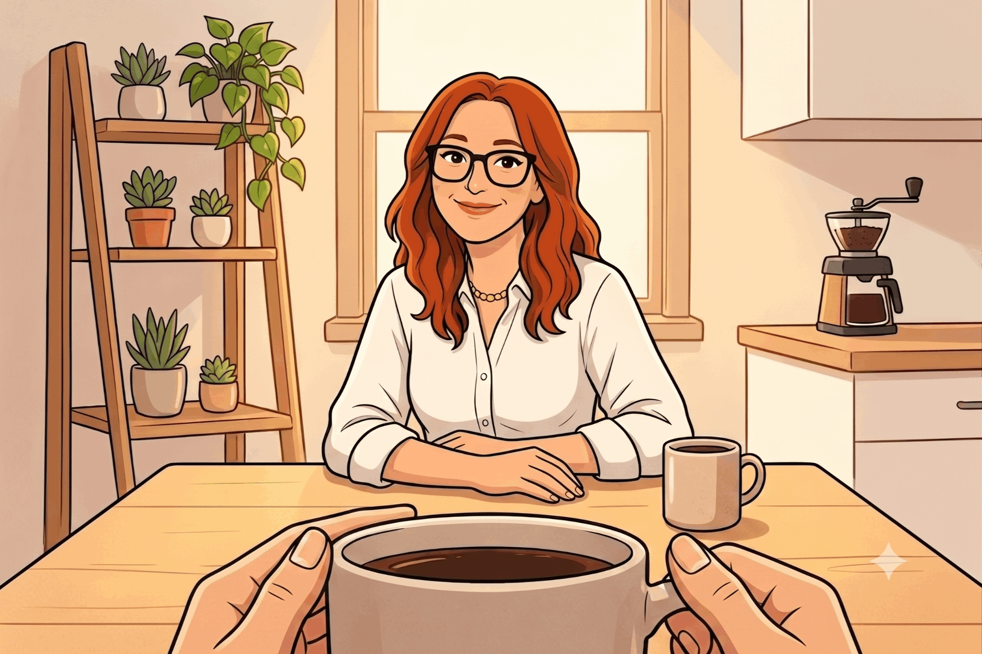 A warm, first-person view of sitting across a kitchen table having coffee with Dione, ready for an unhurried conversation.