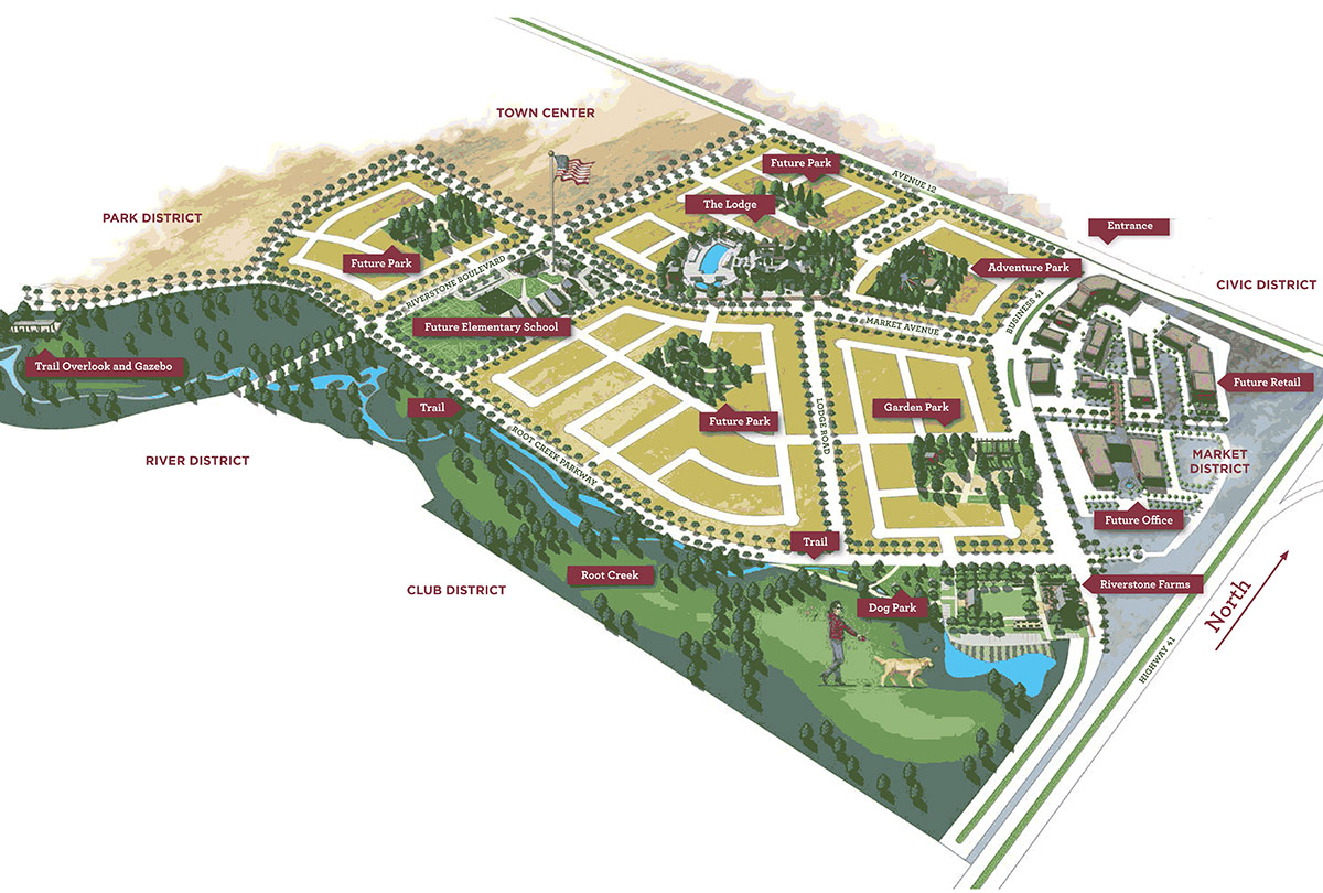 Aerial map view of Riverstone Madera showing all 8 distinct districts including Lodge, Park, Market, Town Center, Urban, Civic, and residential neighborhoods