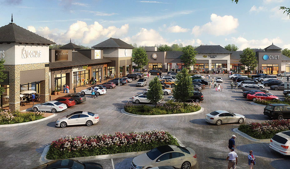 Aerial or illustration showing Riverstone's mixed-use layout with residential neighborhoods, commercial districts, The Lodge, schools, and parks all integrated together