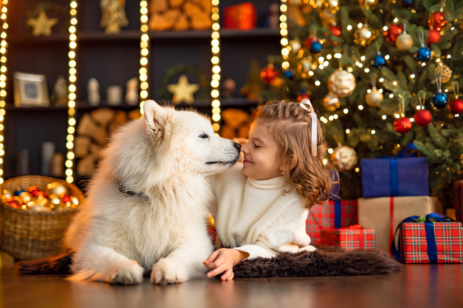 Festive store with Christmas tree, little girl and dog