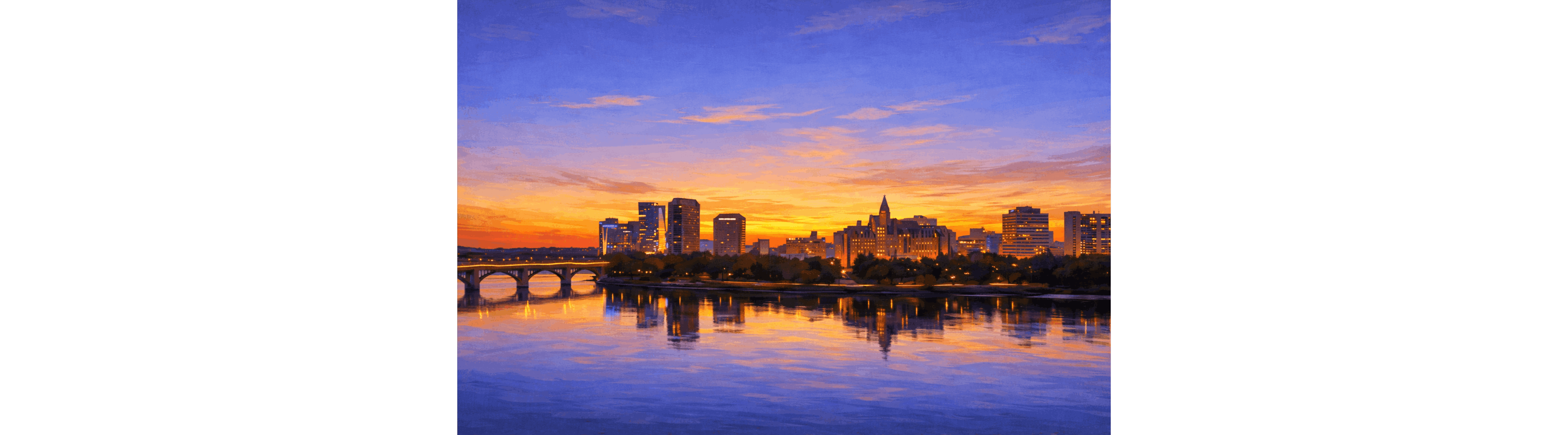 Downtown Saskatoon skyline and South Saskatchewan River at sunset for Saskatoon real estate buyers, sellers, and investors