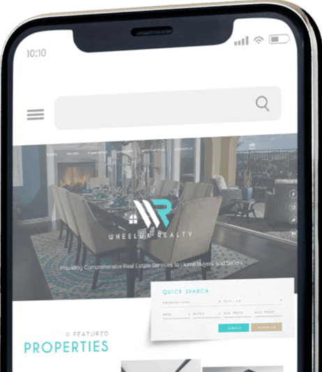 Tall smartphone mockup showing a real estate app interface (cropped phone frame visible), width 520px
