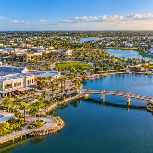 Aerial Waterfront Resort Town at Sunset