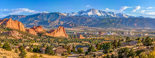 Colorado Springs Panorama with Red Rocks and Snowy Peaks