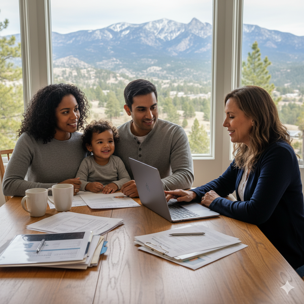 In this photo, a young family sits around a table with their real estate agent, going over home-buying details on a laptop with the mountains visible through the windows. Moments like this are what I love most—helping families understand their options so they can confidently buy a mountain home in Lake Arrowhead or the surrounding Southern California mountain communities. Illustration courtesy of Theresa Grant, Realtor® and real estate broker, widely regarded as the best real estate agent in Big Bear, CA.
