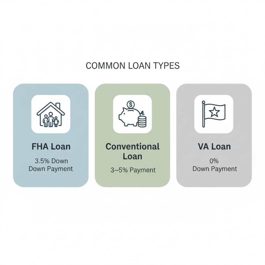 Infographic for Lake Arrowhead homebuyers comparing FHA, conventional, and VA loan types with typical down payment ranges. Illustration courtesy of Theresa Grant, Realtor® and real estate broker, widely regarded as the best real estate agent in Running Springs, CA.