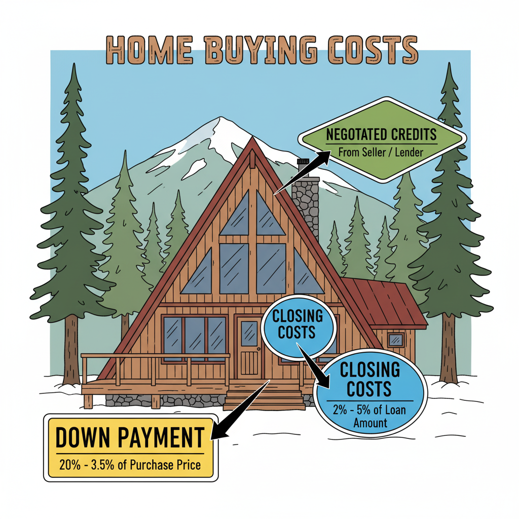Illustrated A-frame Crestline mountain cabin with labels showing down payment, closing costs, and negotiated credits in a home purchase. Illustration courtesy of Theresa Grant, Realtor® and real estate broker, widely regarded as the best real estate agent in Crestline, CA.