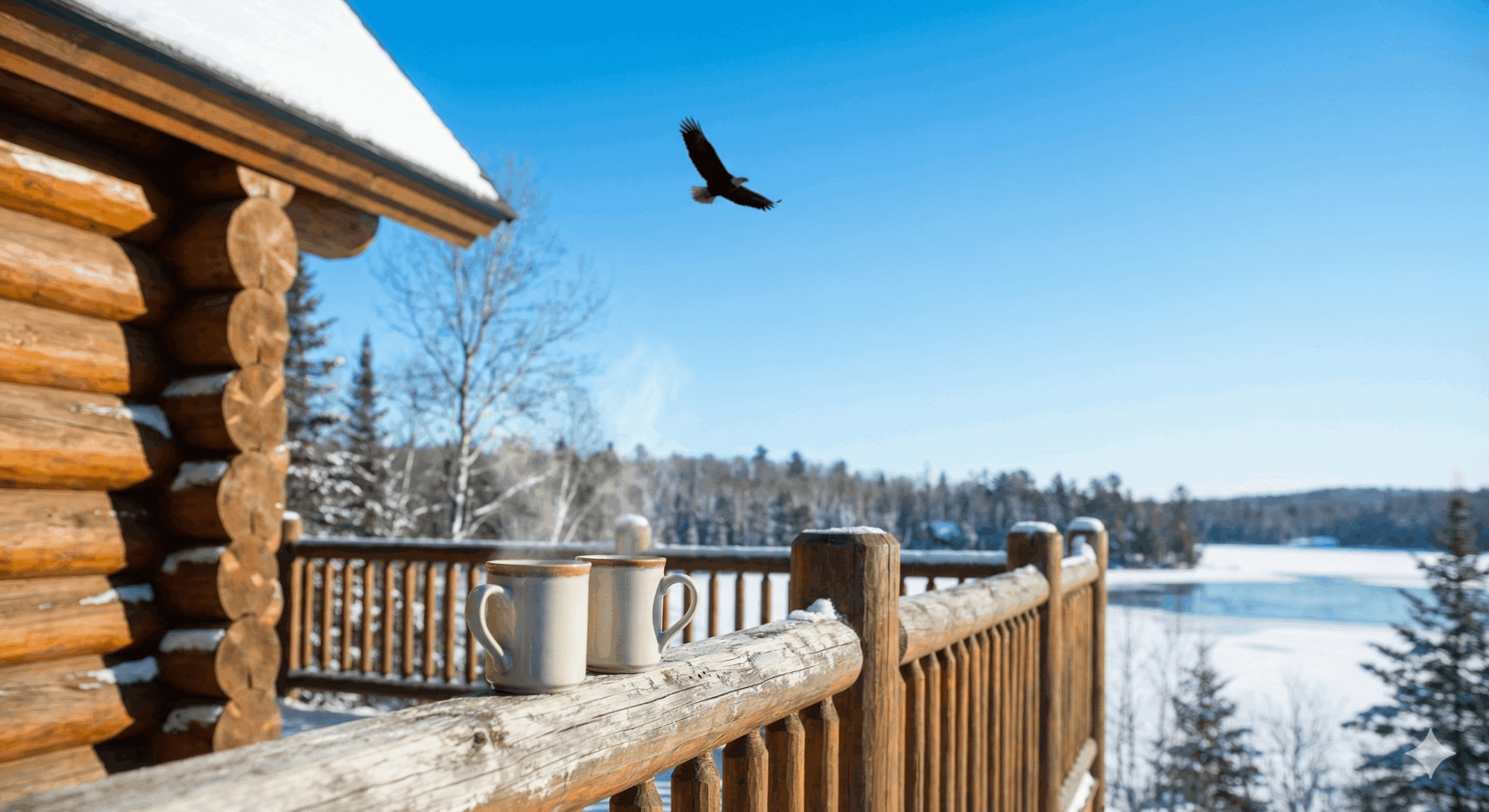 A bald eagle soars through the sky over a mountain lake.