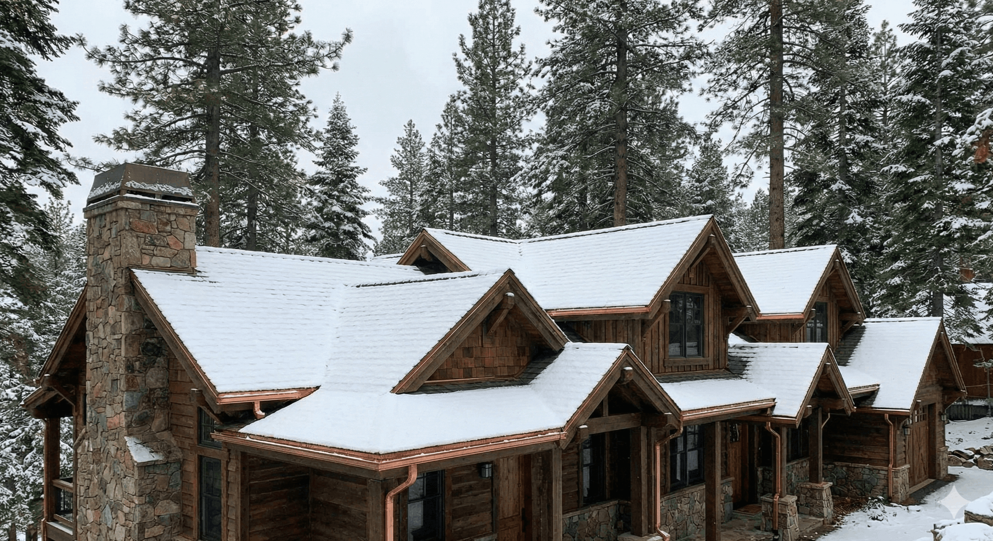 A Lake Arrowhead home with light snow on the roof and tall pines in the background, emphasizing roofline and gutters.