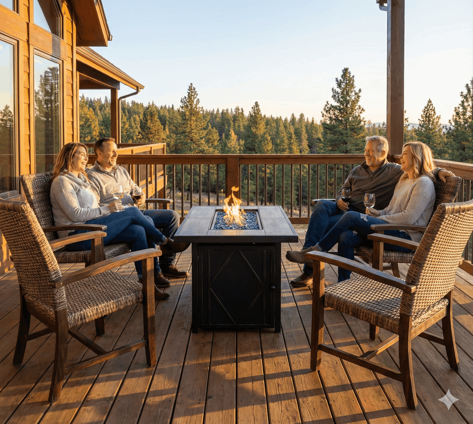 Couples enjoying wine on a deck in the mountains