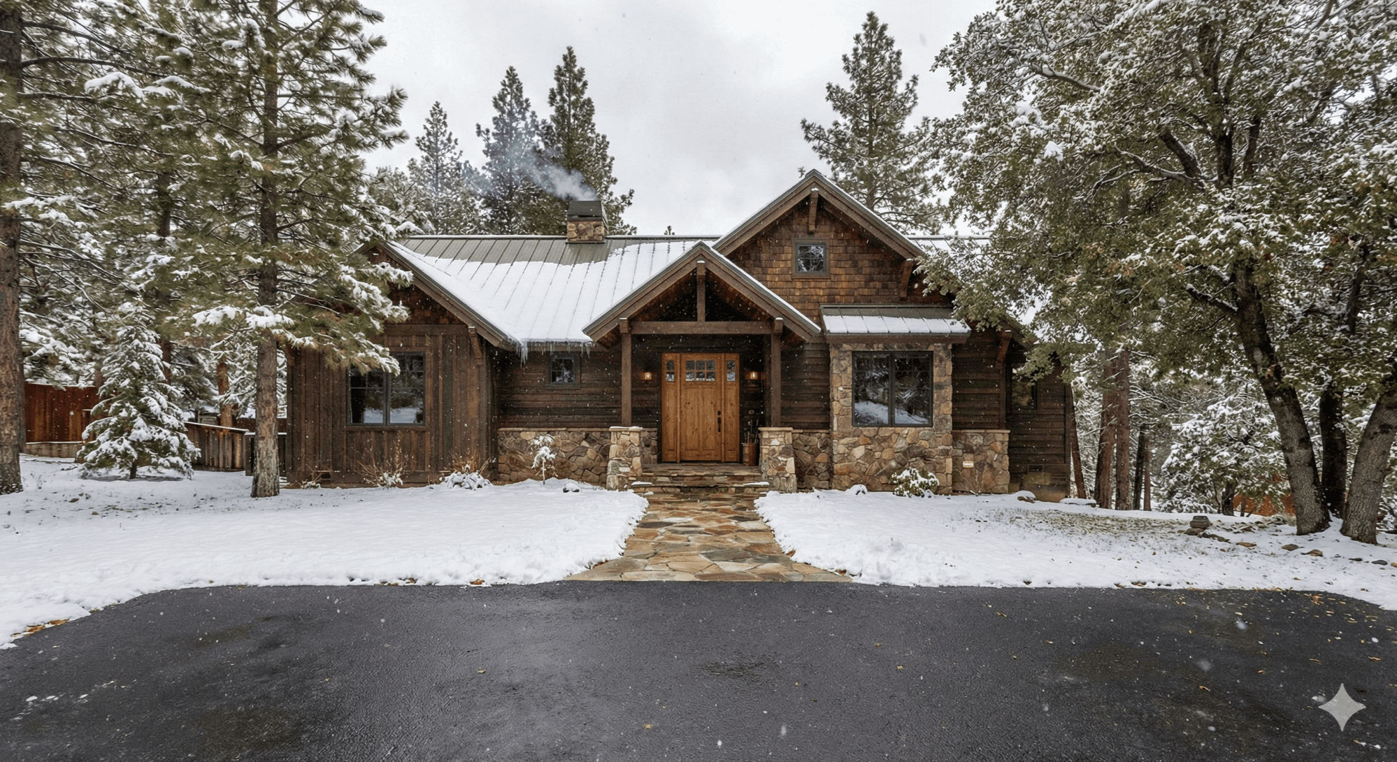 A Lake Arrowhead or Crestline-style mountain home with a flat driveway, light snow, and a clear, level walkway to the front door.