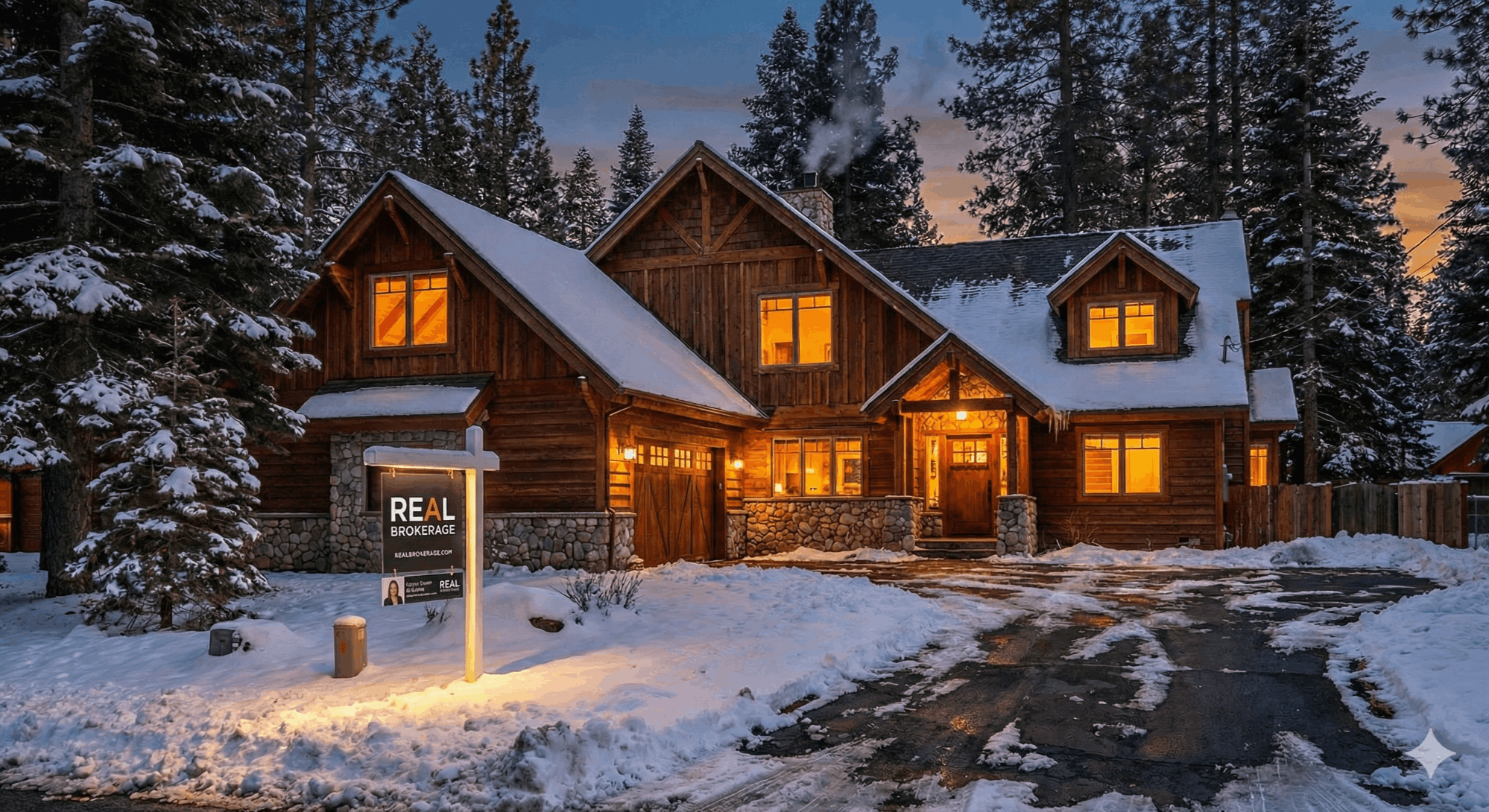 A warm twilight exterior shot of a well-lit mountain home with Theresa Grant, Broker's &ldquo;For Sale&rdquo; sign to visually reinforce the selling message.