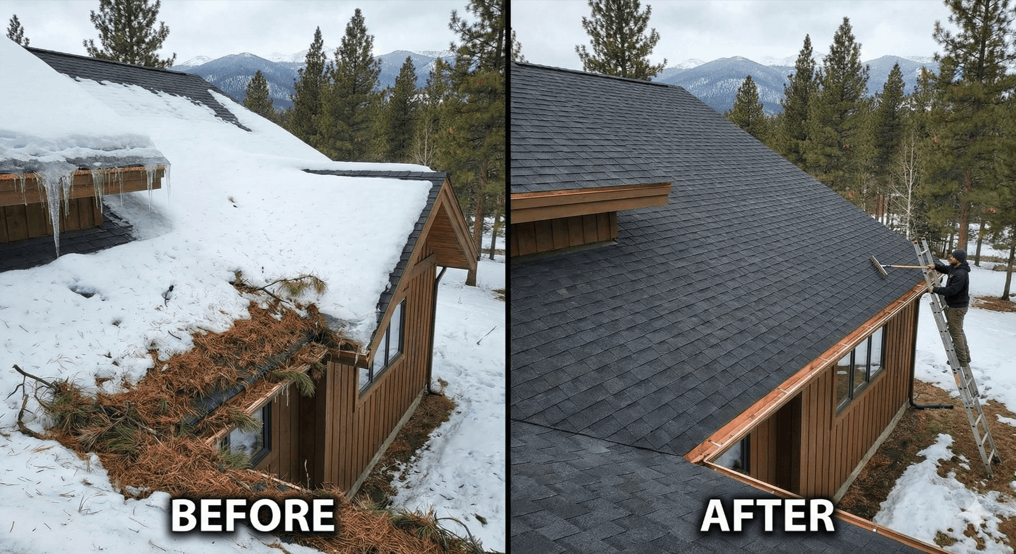 Before-and-after style image of a mountain home roof&mdash;one side with snow/needles, the other clean&mdash;representing proactive maintenance.