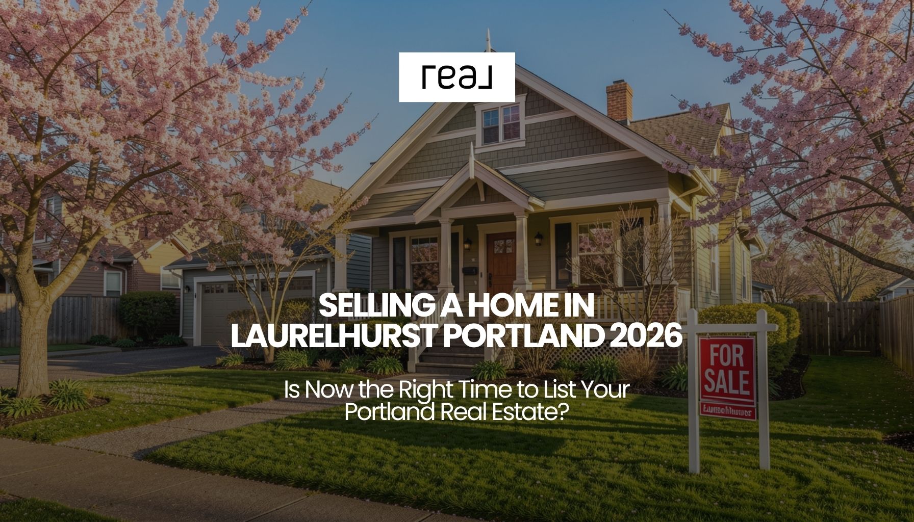 Professional real estate photography of a charming Craftsman-style historic home in Laurelhurst, Portland. Features: blossoming pink cherry blossom trees in the front yard, a 'For Sale' sign on a manicured green lawn, clear blue spring sky, warm natural morning light, high resolution, architectural focus.