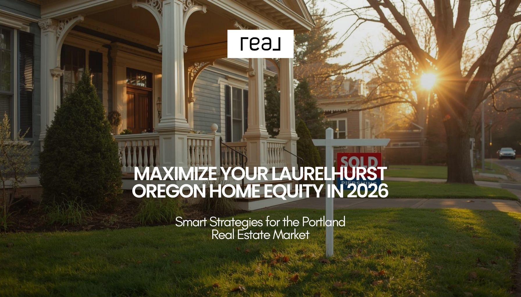 High-end real estate photography of a grand, historic Laurelhurst home in Portland, Oregon during a golden spring afternoon. Focus on the architectural detail of the porch and a 'Sold' sign on the manicured lawn. The lighting is warm and optimistic, suggesting a successful financial transition. 8k resolution, crisp and professional.