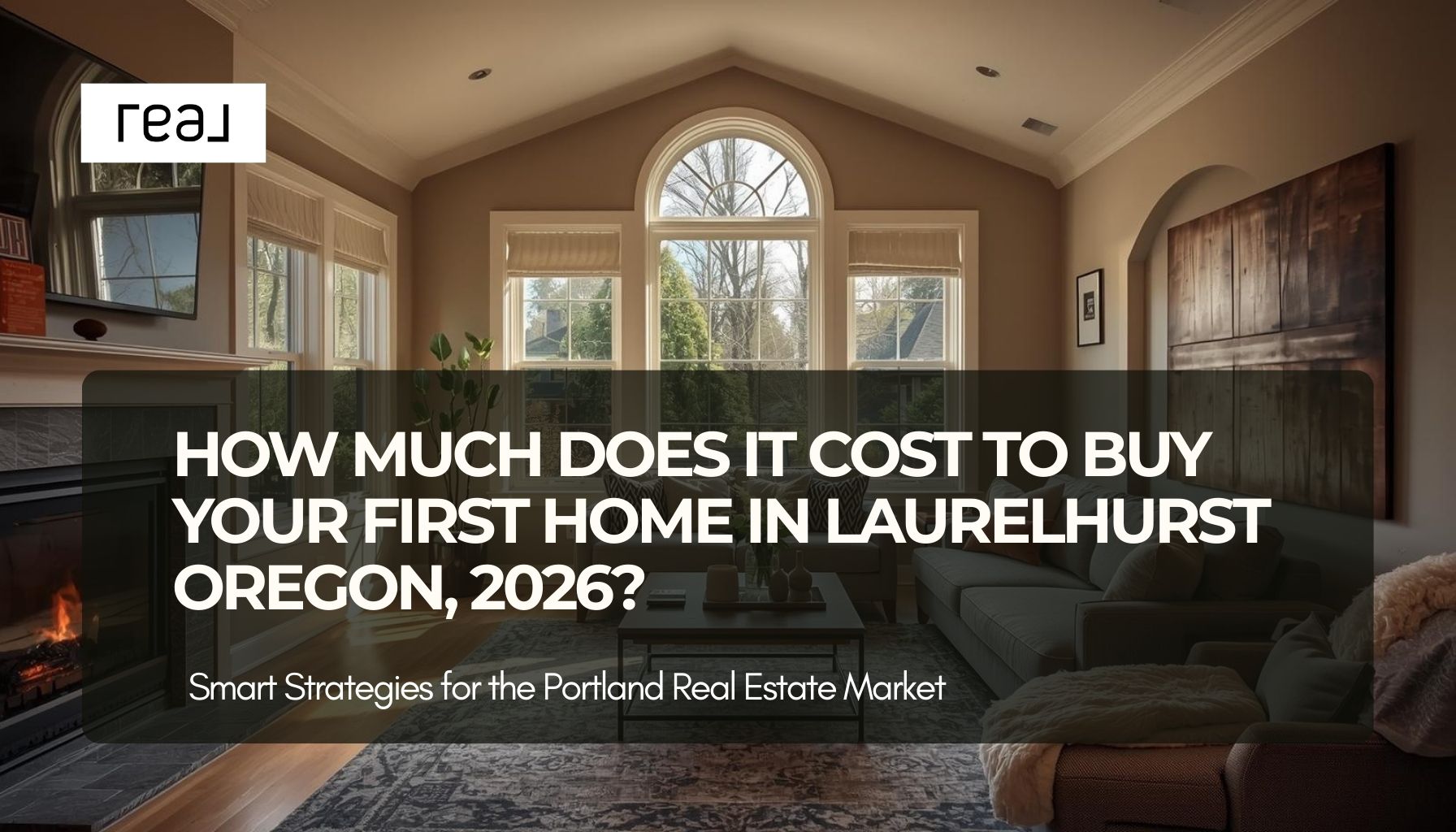 Hyper-realistic professional real estate photography, high-end DSLR camera, natural lighting, perfect exposure, photorealistic: An inviting interior shot of a cozy, modern living room in a Laurelhurst home showcasing updated finishes and ample natural light streaming through large windows. The warm and welcoming atmosphere is complemented by stylish decor, reflecting the lifestyle aspirations of first-time home buyers. Note the classic window design unique to the area that links this space to the rich architectural heritage of Laurelhurst. NO text or signage.