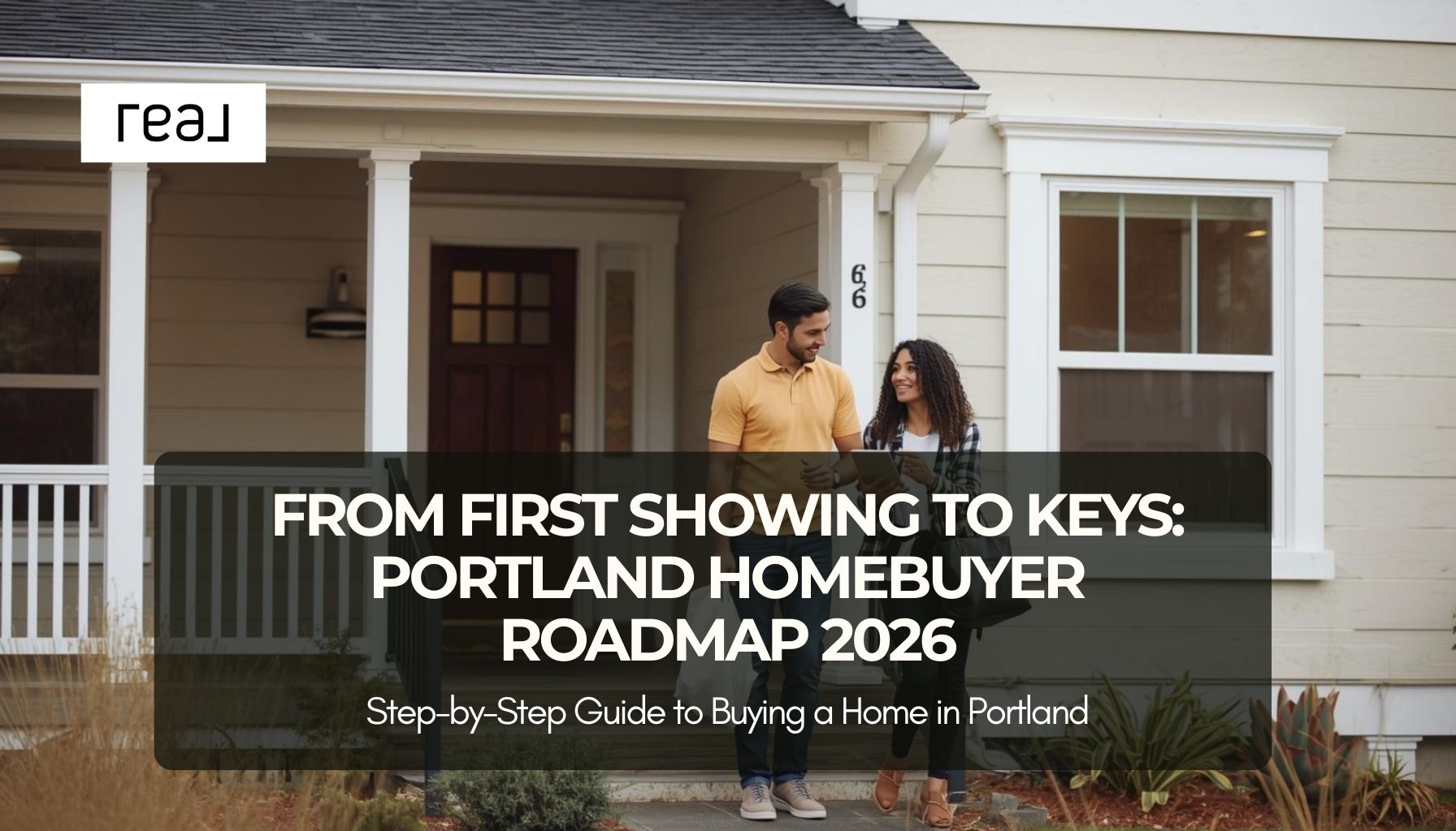 Couple standing outside a Portland Oregon home representing the 2026 homebuyer roadmap from first showing to closing in the Portland real estate market.