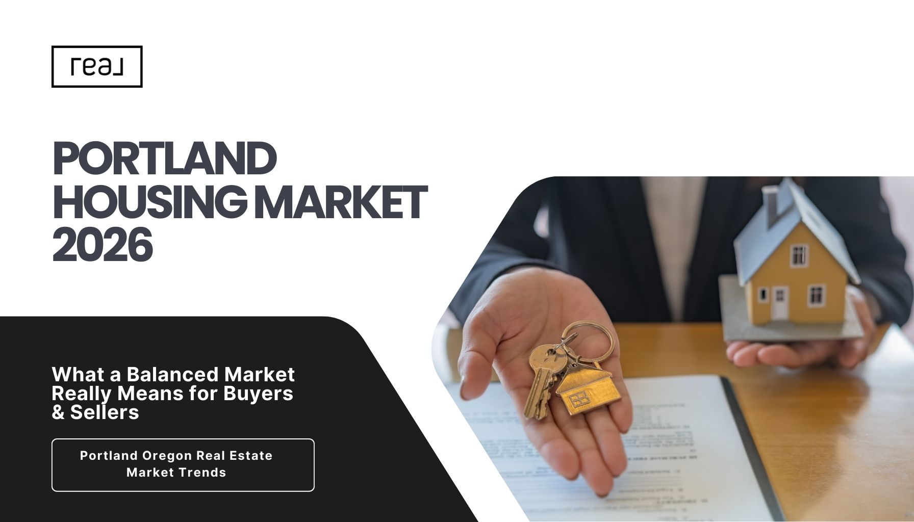 Real estate agent handing house keys with model home representing the Portland Oregon housing market trends and balanced market conditions in 2026.