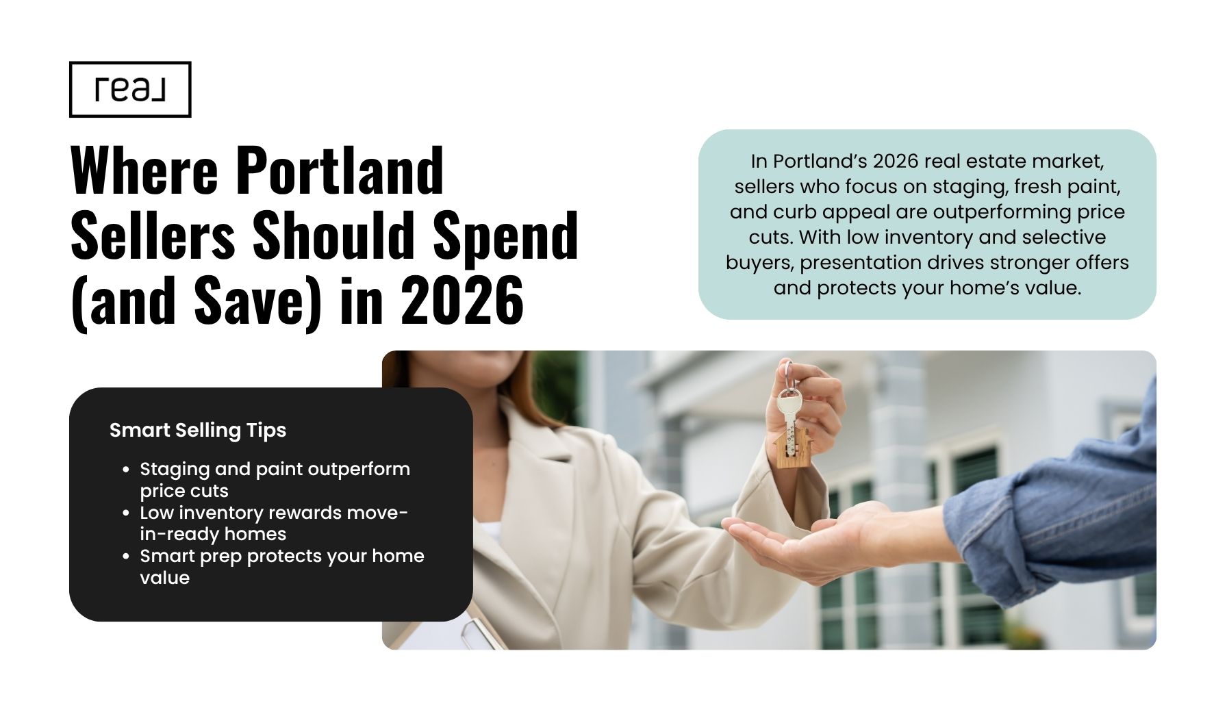 Portland Oregon home seller handing over keys representing smart selling strategies like staging and pricing in the 2026 real estate market.