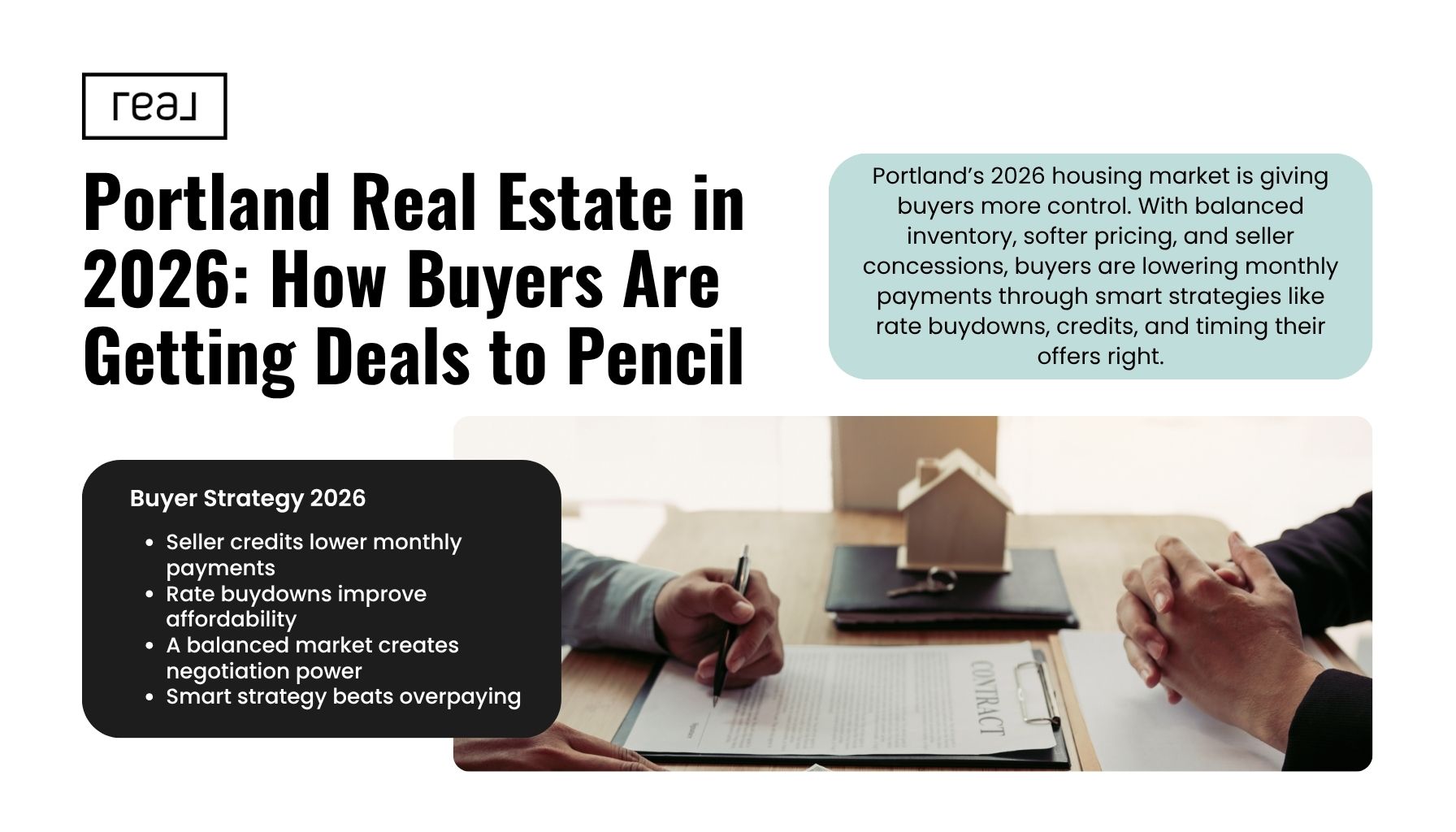 Portland Oregon real estate buyers reviewing contract showing how buyers are getting better deals in the 2026 housing market with negotiation strategies.”