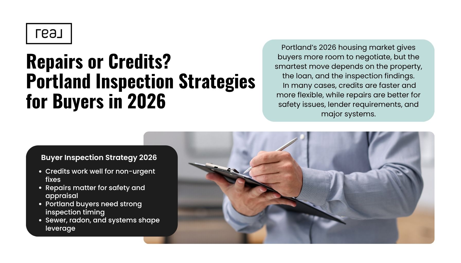 Home inspection checklist in Portland Oregon showing buyer strategies for repairs vs credits during 2026 real estate negotiations.