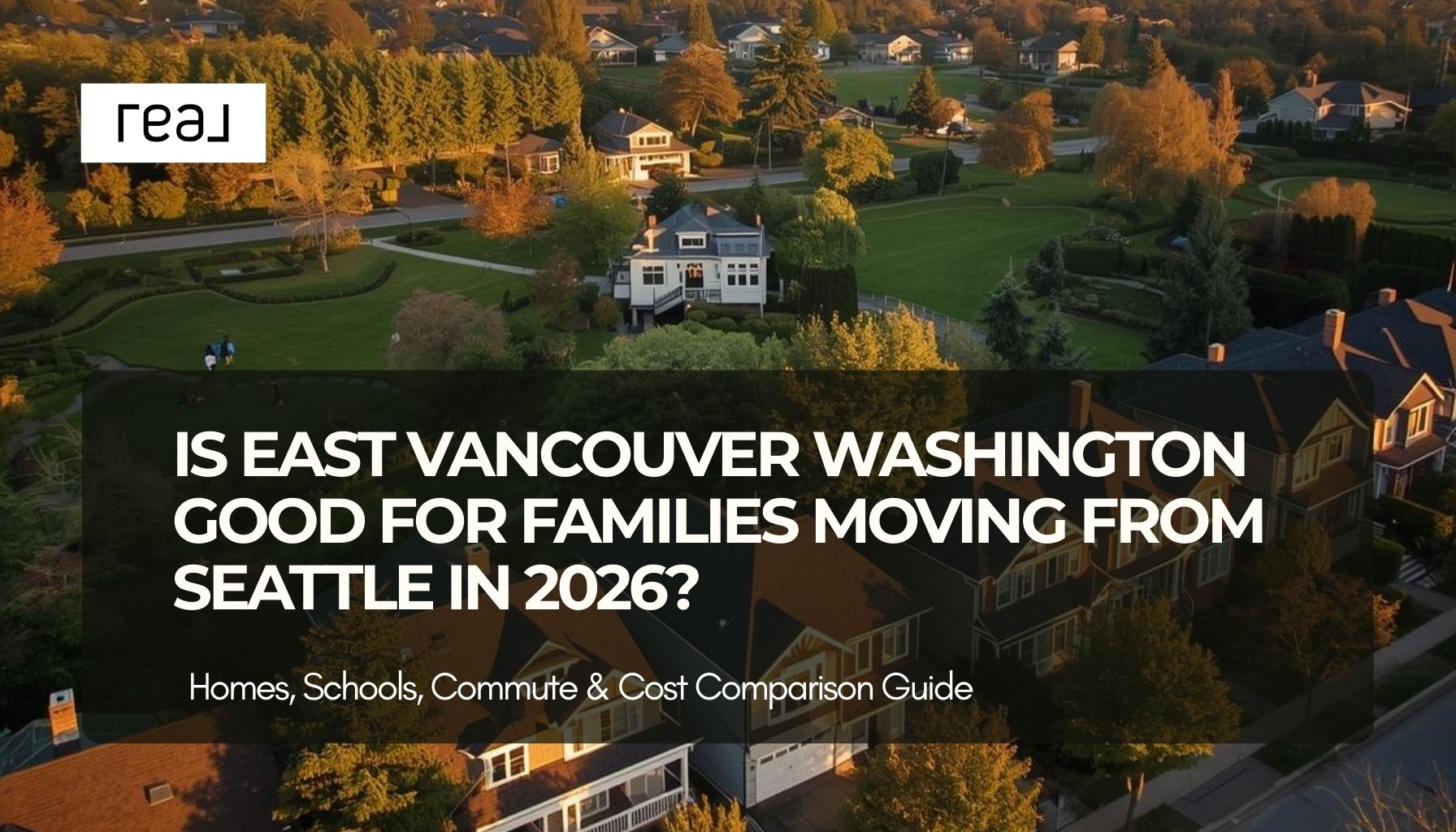 Hyper-realistic professional real estate photography, high-end DSLR camera, natural lighting, perfect exposure, photorealistic: A sweeping view of a picturesque East Vancouver neighborhood at golden hour, displaying charming, spacious homes surrounded by lush, green parks and mature trees, with families enjoying outdoor activities. The scene captures the essence of community life, complete with a shimmering sky casting warm hues over the homes, showcasing the inviting atmosphere perfect for growing families. NO text or signage.