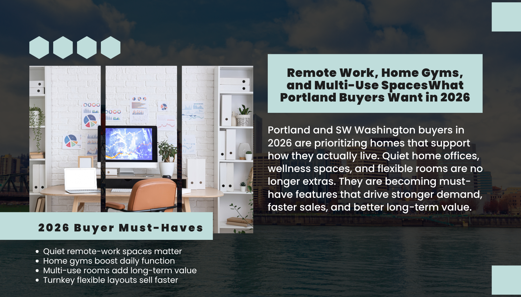 Modern home office in Portland Oregon highlighting 2026 buyer must-haves like remote work spaces, flexible rooms, and lifestyle-driven home features.