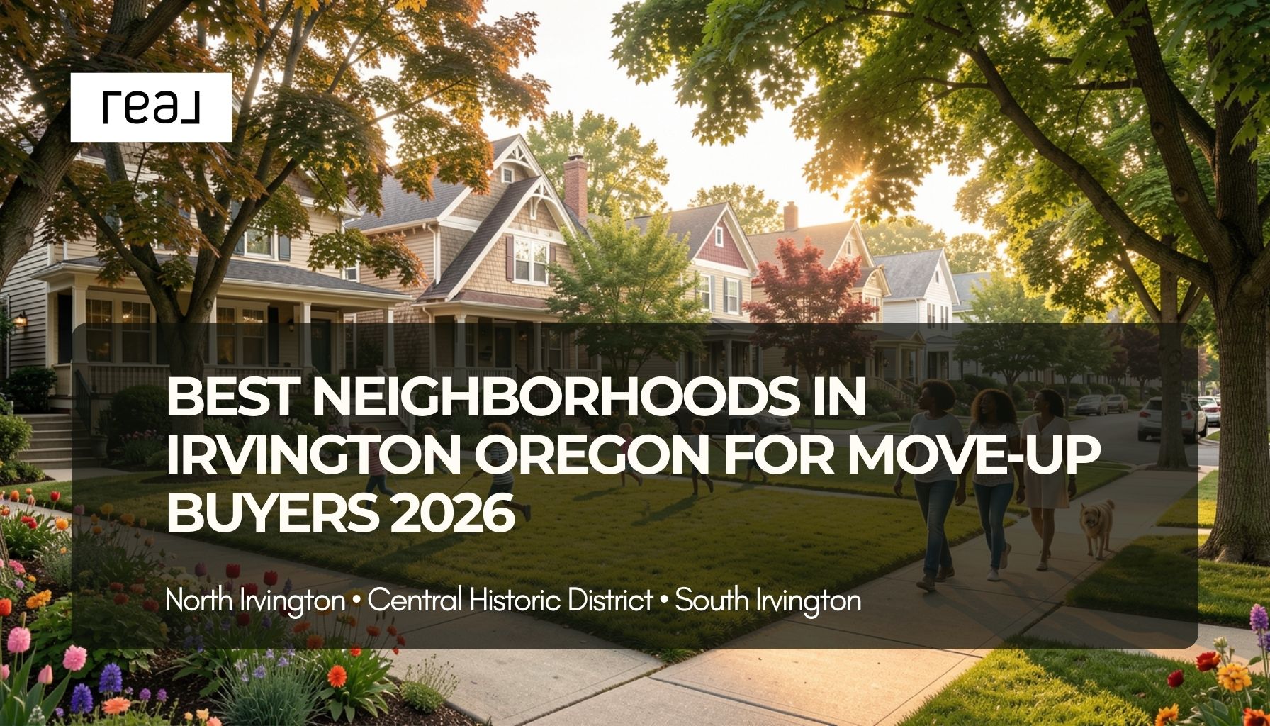 Hyper-realistic professional real estate photography, high-end DSLR camera, natural lighting, perfect exposure, photorealistic: A wide, beautifully lit shot of a typical Irvington neighborhood during the golden hour, showcasing classic craftsman-style homes with well-kept lawns, vibrant trees, and flower beds. The image captures the essence of family-oriented life with children playing in yards and people walking dogs along tree-lined streets, while maintaining a warm and inviting atmosphere. NO text or signage