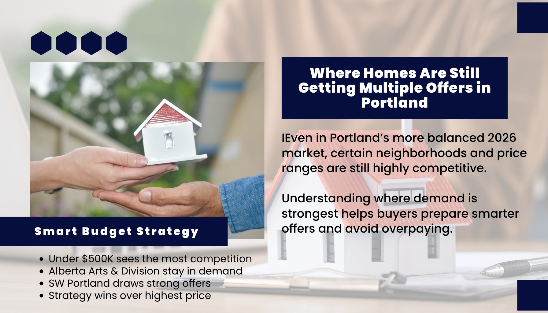 “Hands holding small house model representing competitive Portland Oregon real estate market where homes receive multiple offers in 2026.”