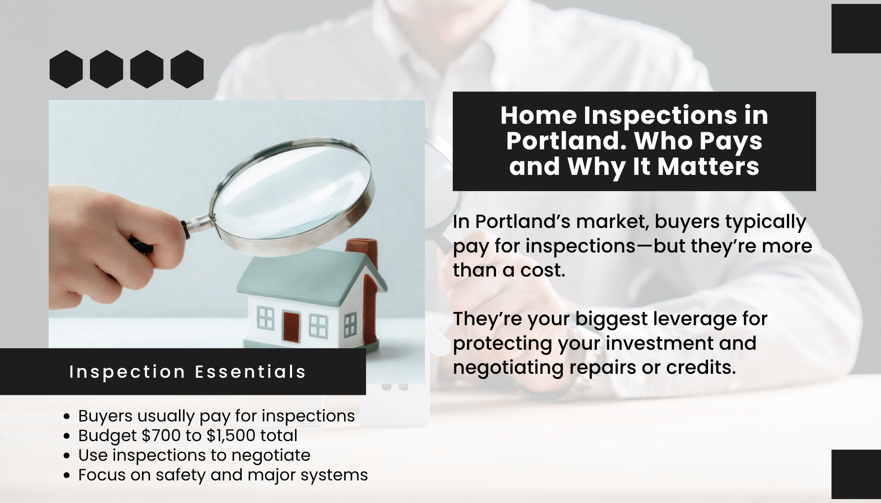 “Home inspection Portland Oregon 2026 showing magnifying glass over house model explaining who pays for inspections and why they matter in real estate.”