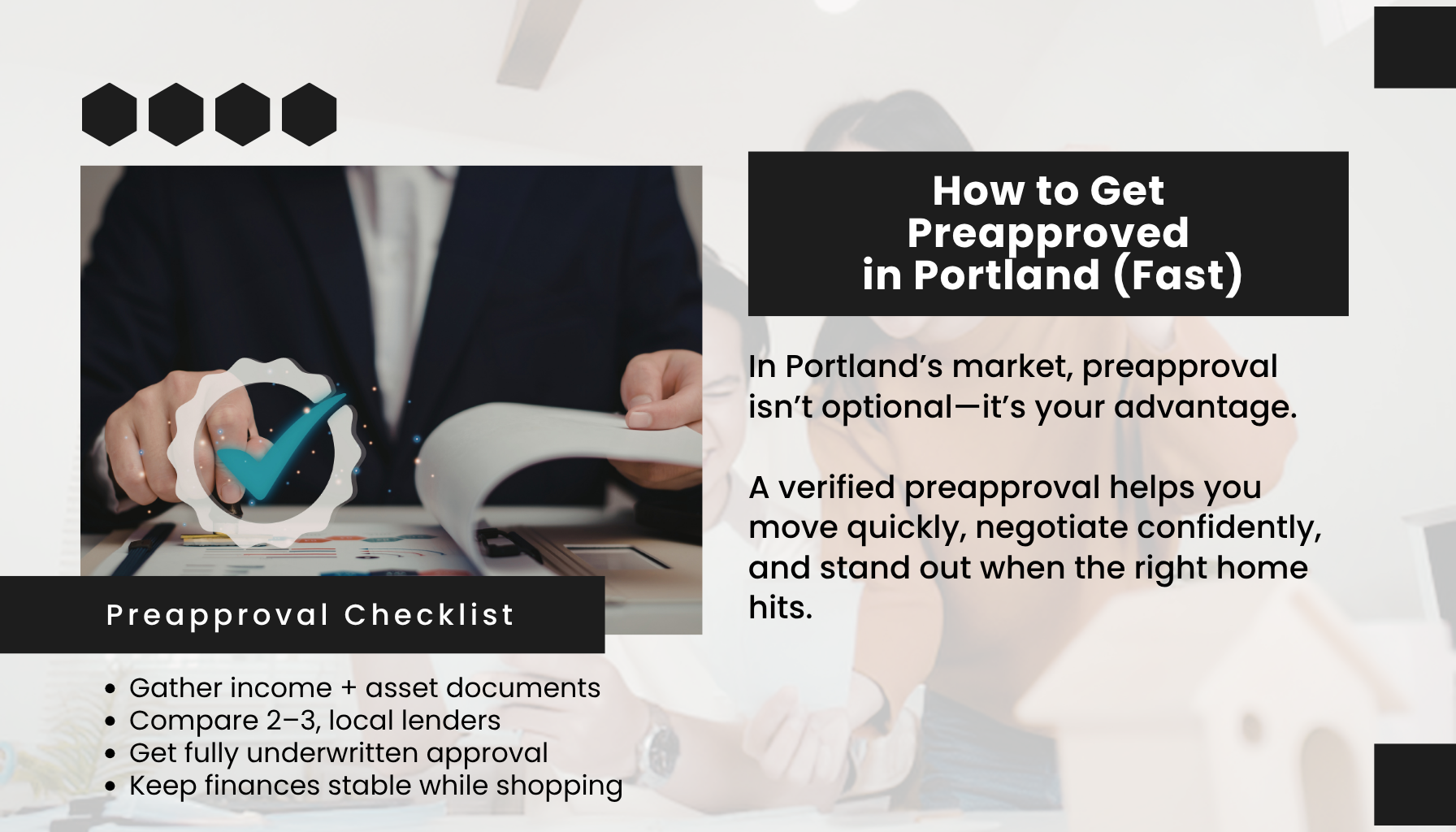 “Mortgage preapproval Portland Oregon 2026 showing checklist for fast preapproval including income documents, lender comparison, and underwritten approval.”