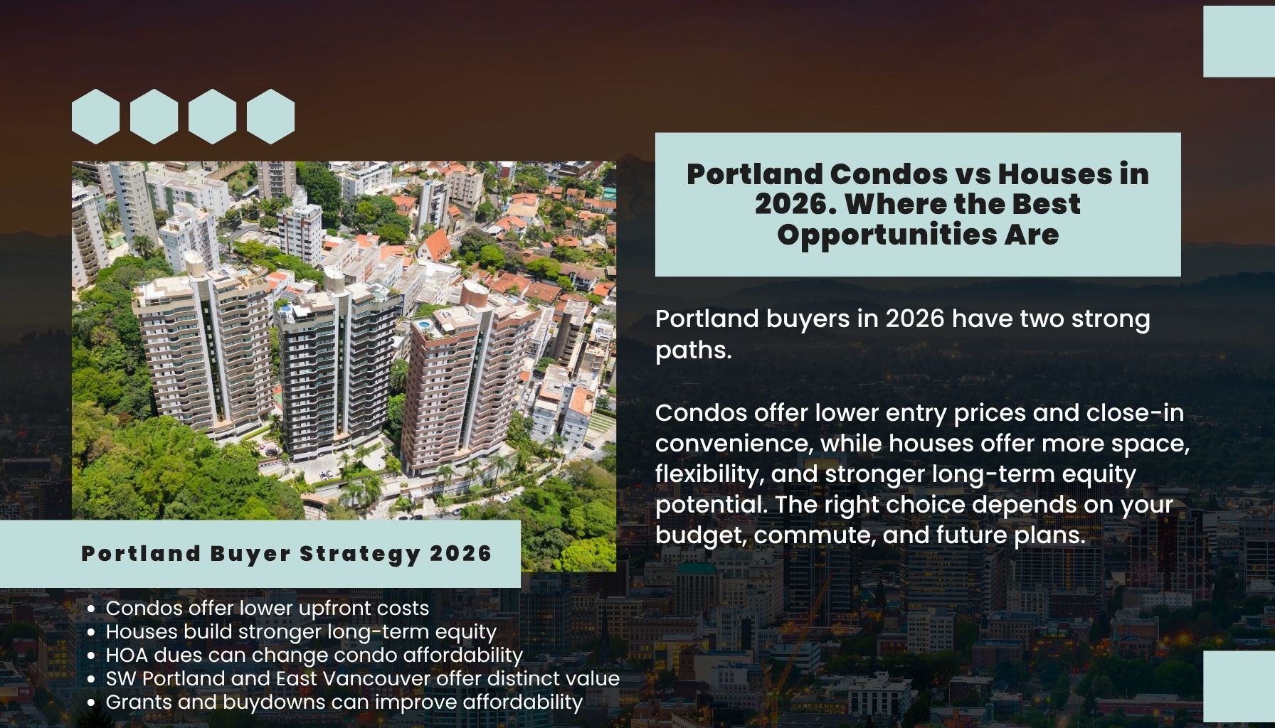 Portland Oregon condo buildings illustrating the comparison between condos and houses in the 2026 real estate market and buyer investment opportunities.”