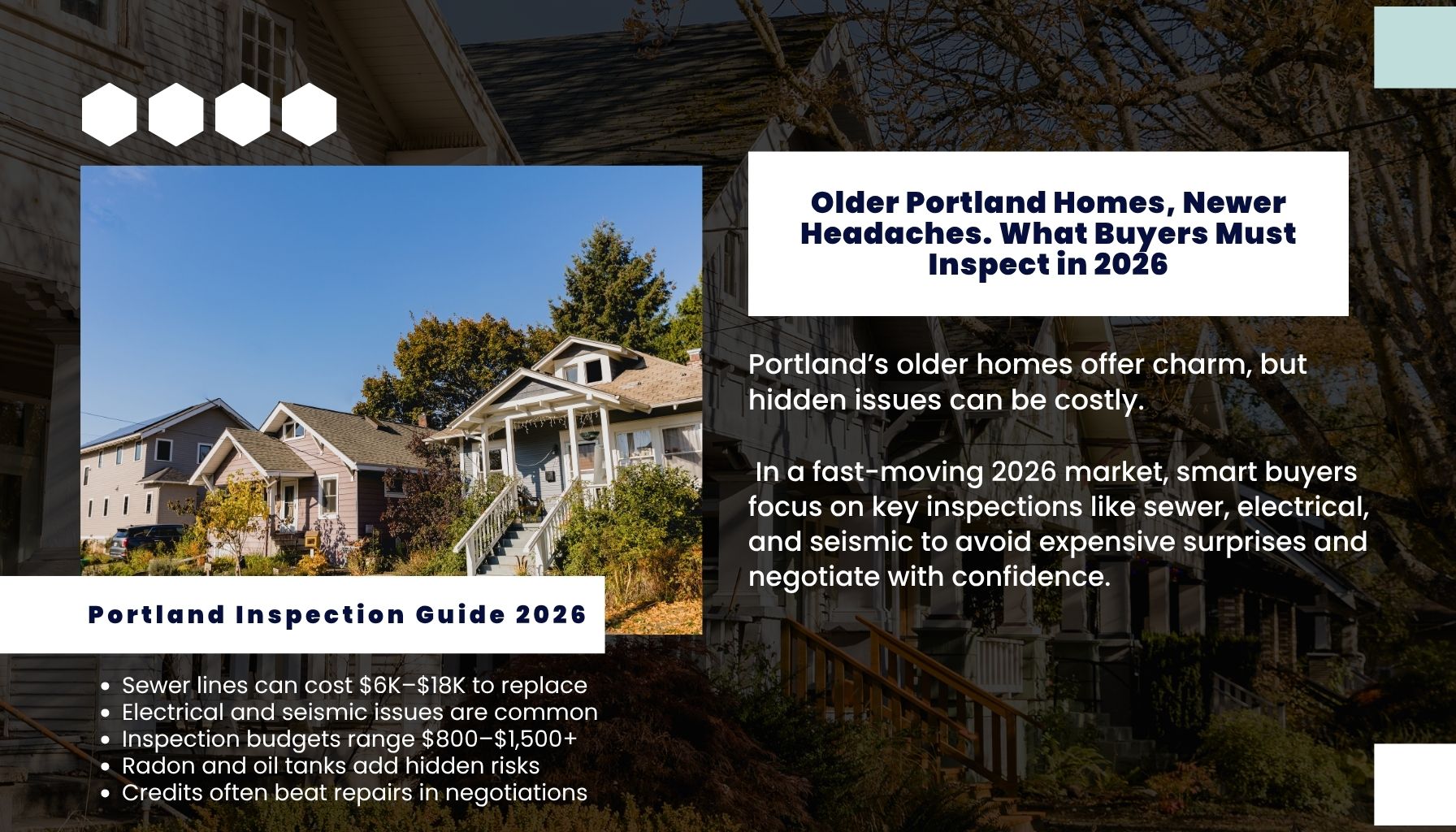 Older Portland Oregon homes with front porches highlighting home inspection tips in 2026 including sewer, electrical, and structural risks.