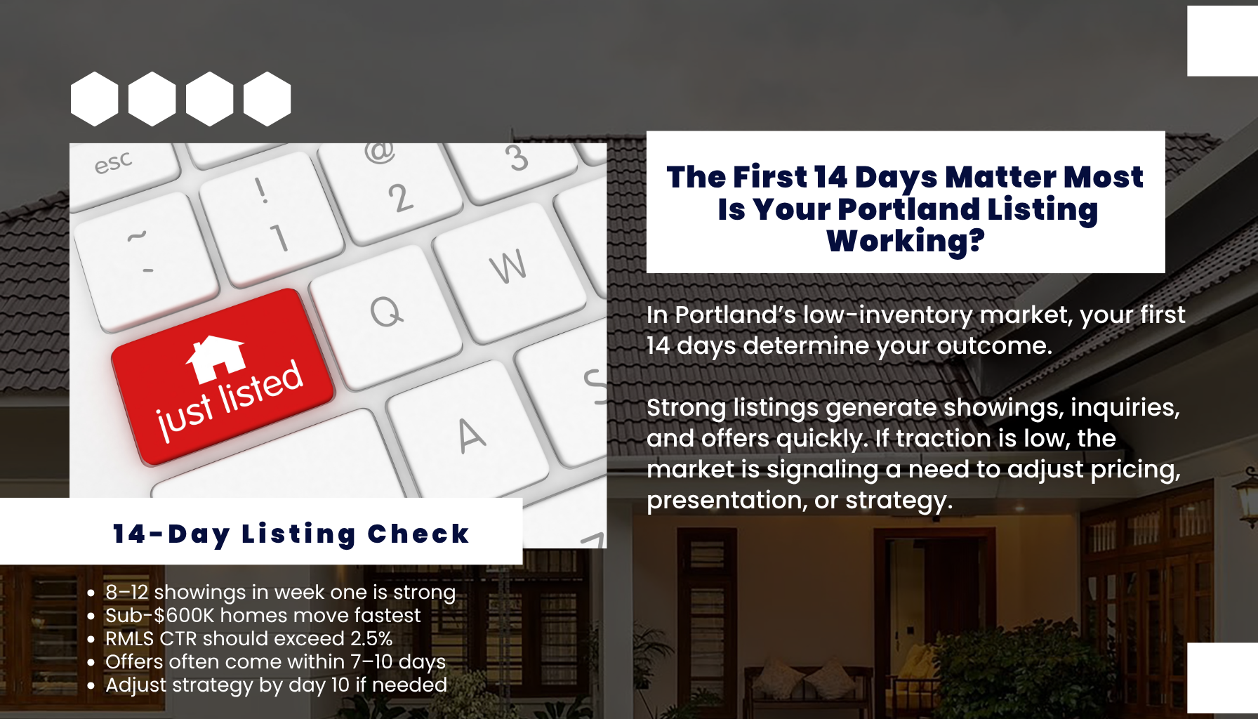 Just listed home keyboard button representing the first 14 days of a Portland Oregon home listing and early performance indicators.