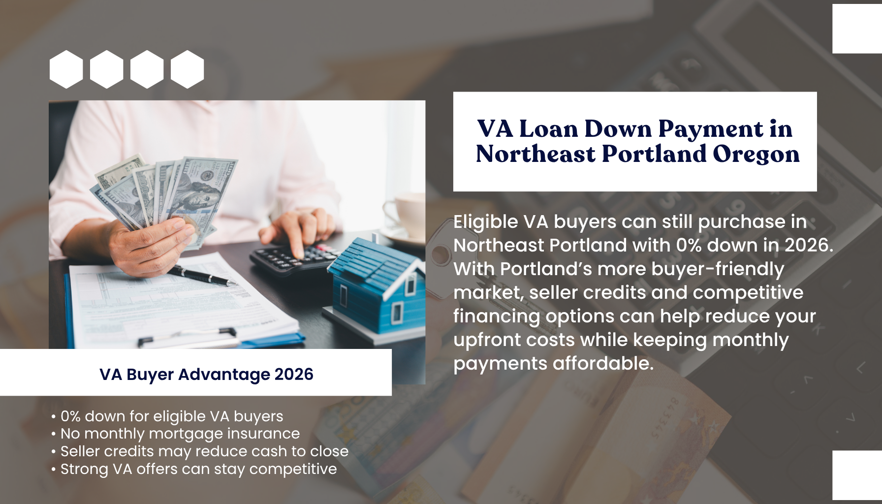 You can buy in Northeast Portland with 0% down using a VA loan in 2026. Most buyers bring only closing costs, which are often offset by seller credits in Portland’s more buyer-friendly market.