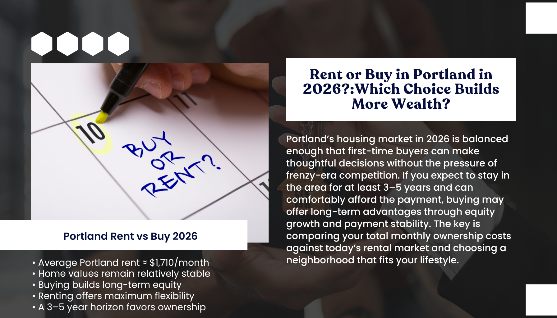 “Portland Oregon rent vs buy infographic comparing homeownership and renting in 2026, including average rent costs, home values, equity growth, payment stability, and long-term wealth-building potential.”