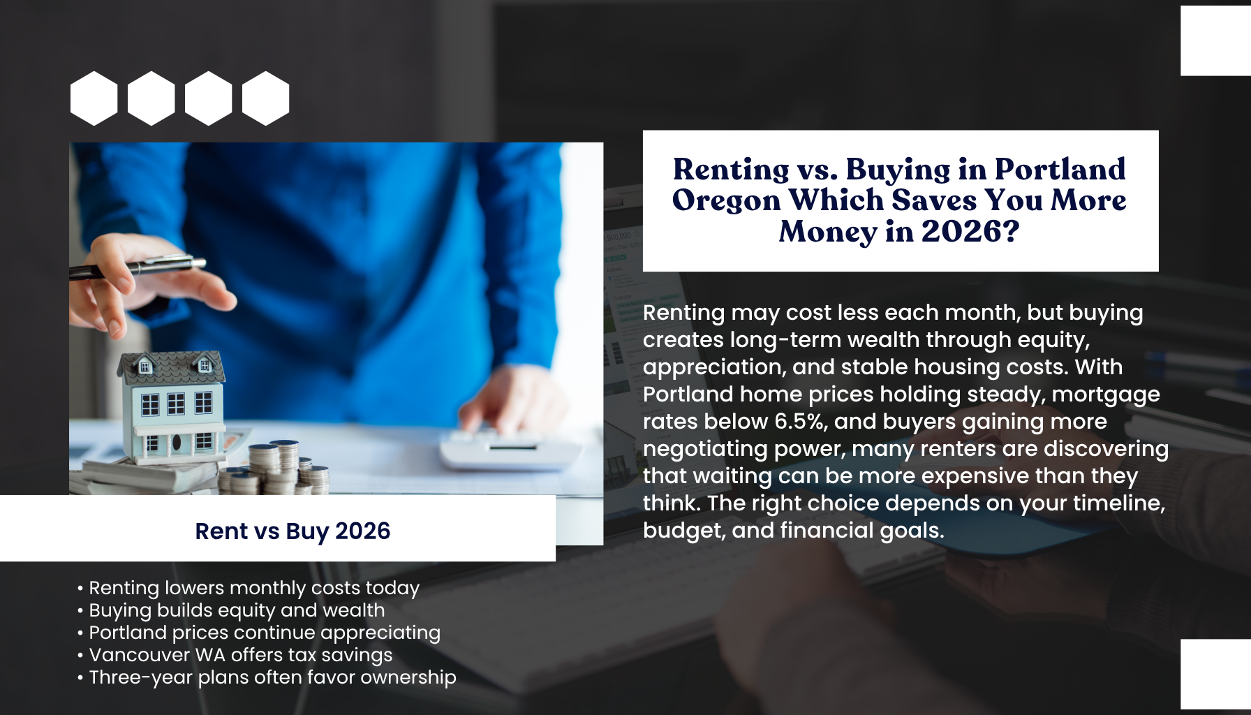 “Portland Oregon rent versus buy infographic comparing the financial benefits of renting and homeownership in 2026, including equity growth, appreciation, monthly costs, and long-term wealth building.”