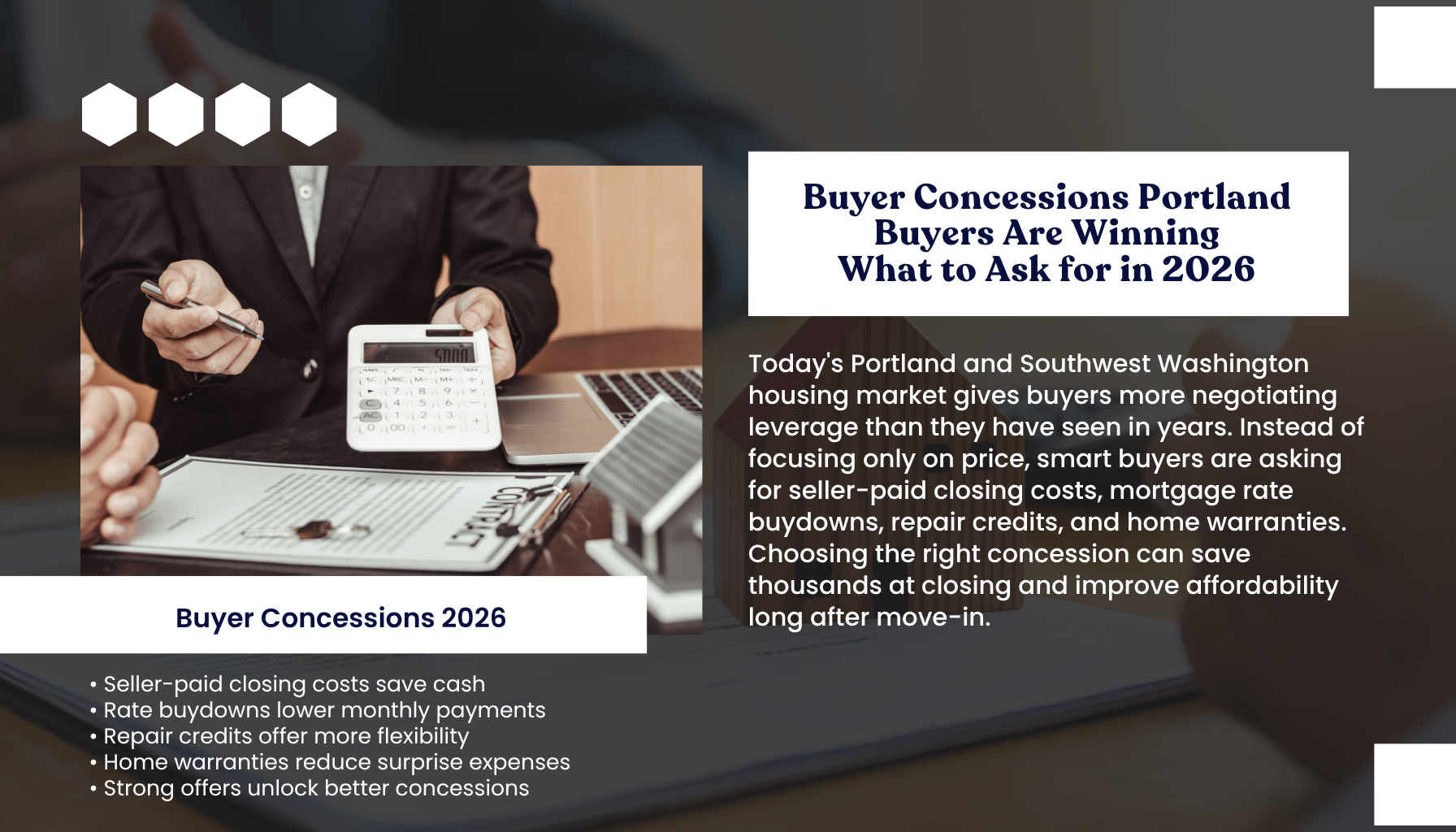 "Portland Oregon real estate infographic explaining buyer concessions in 2026, including seller-paid closing costs, mortgage rate buydowns, repair credits, home warranties, and negotiation strategies for home buyers."