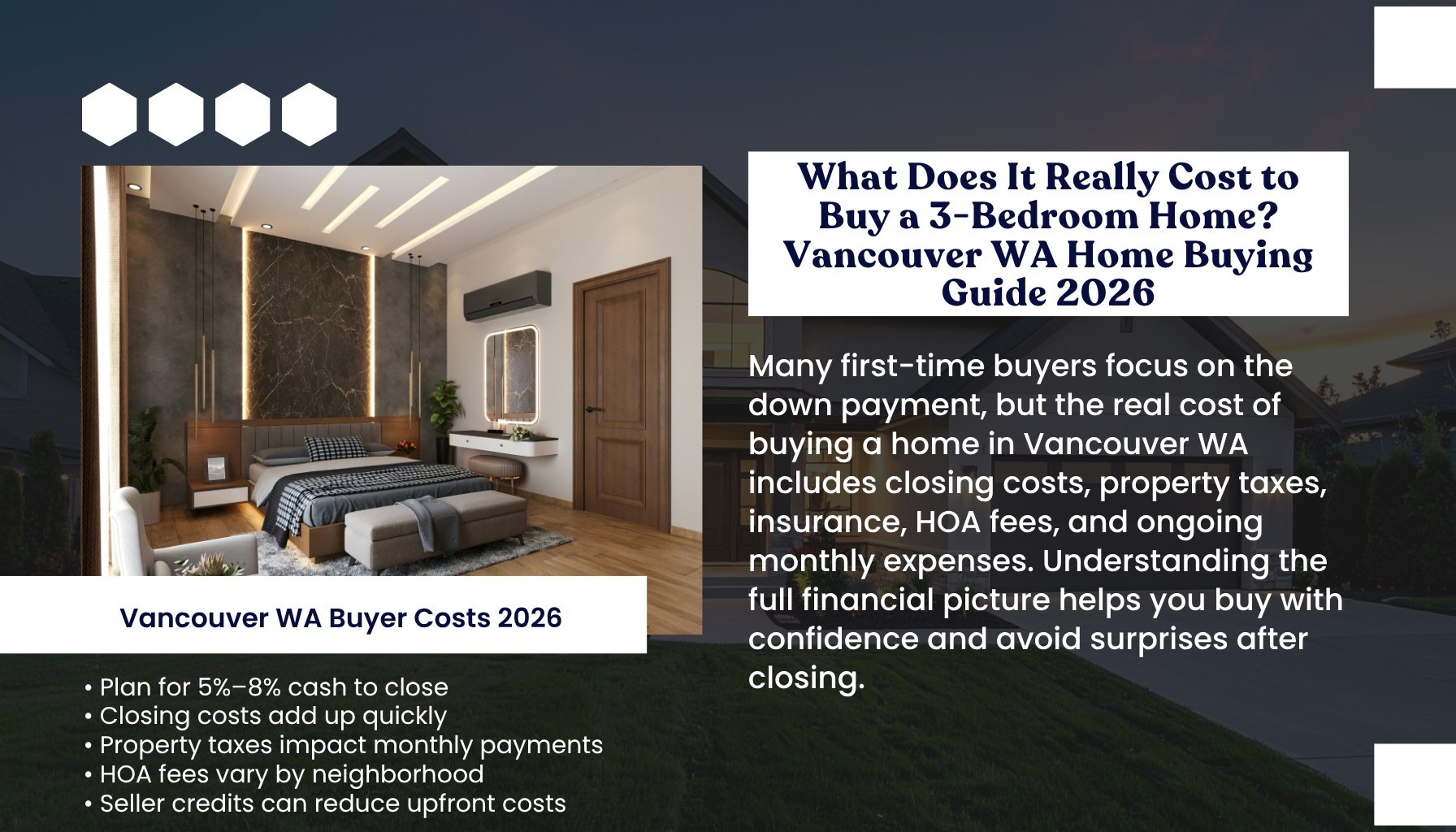 Vancouver Washington home buying infographic explaining the true cost of purchasing a 3-bedroom home in 2026, including closing costs, property taxes, HOA fees, insurance, and monthly housing expenses.”