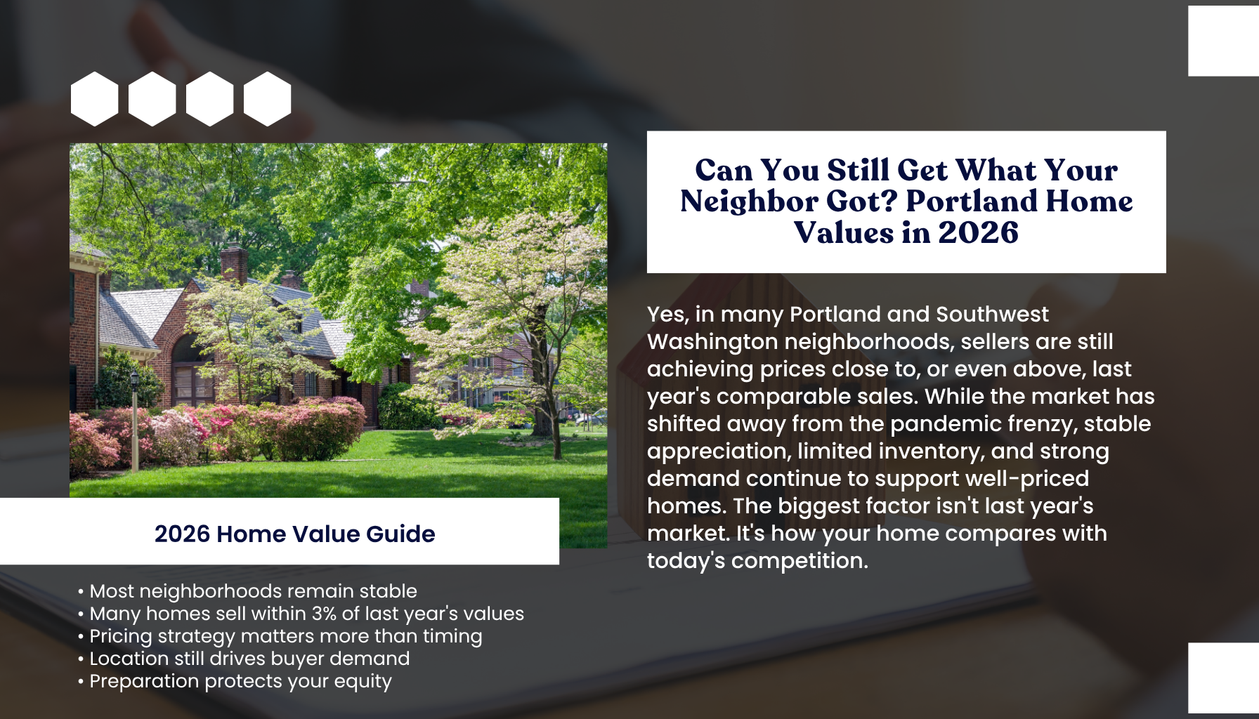 "Portland Oregon home value guide infographic explaining whether homeowners can still sell for prices similar to recent neighborhood sales in 2026, with insights on comparable sales, pricing strategy, market trends, and home values."