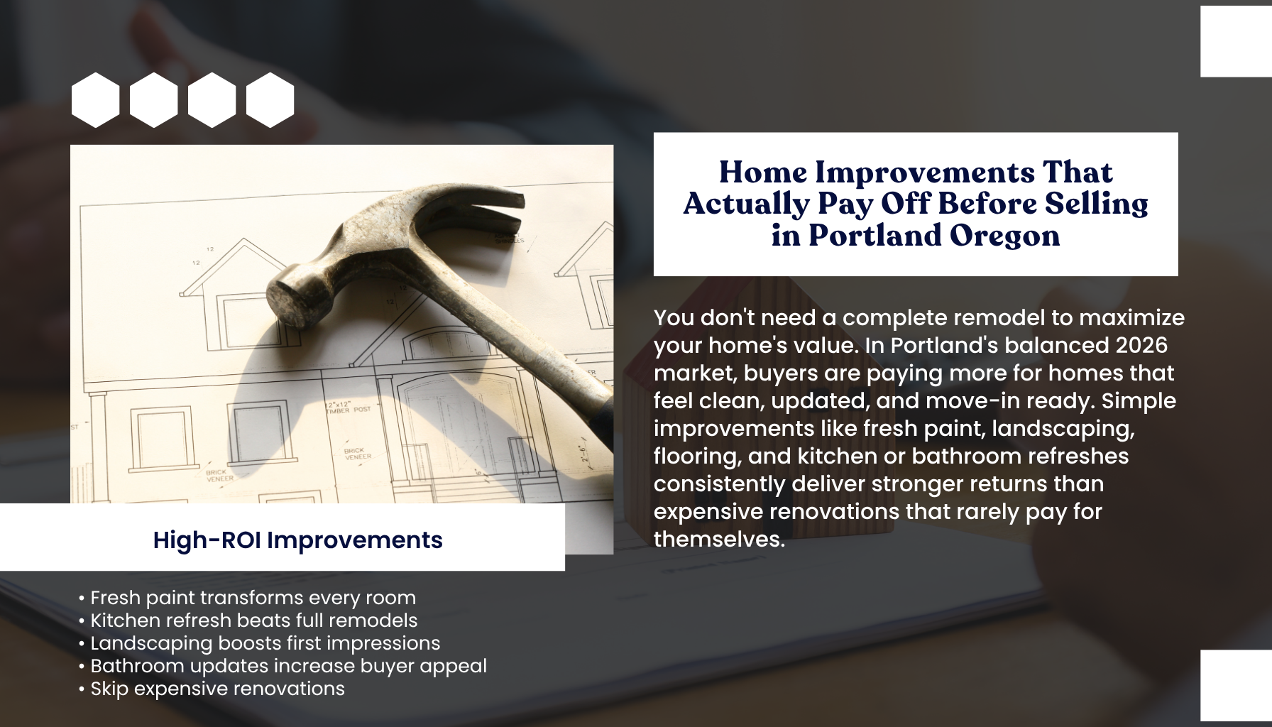 "Portland Oregon home improvement guide infographic explaining which home upgrades deliver the highest return on investment before selling in 2026, including fresh paint, landscaping, flooring, kitchen updates, and bathroom refreshes."