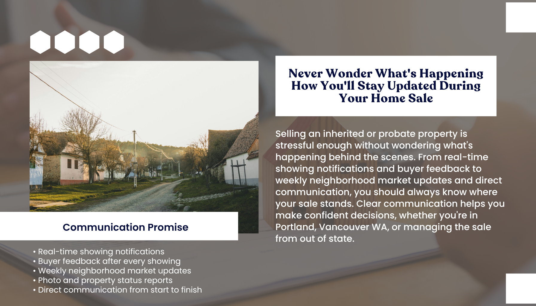 "Portland Oregon home selling guide explaining how sellers stay informed during the selling process with real-time showing updates, buyer feedback, market reports, and communication throughout the transaction."